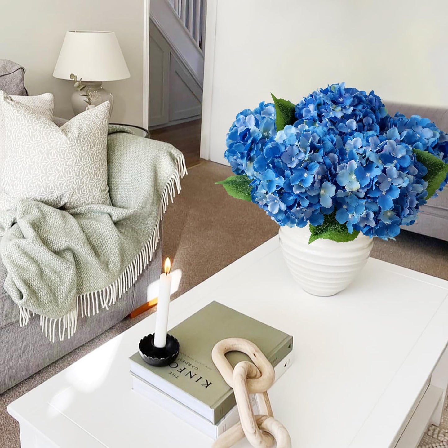 JINWOE Green Hydrangea Artificial Flowers, 5Pcs 20Inch Large Lifelike Faux Silk Flowers, Full Artificial Hydrangeas for Bouquet Table Centerpieces Indoor Spring Outdoor Home