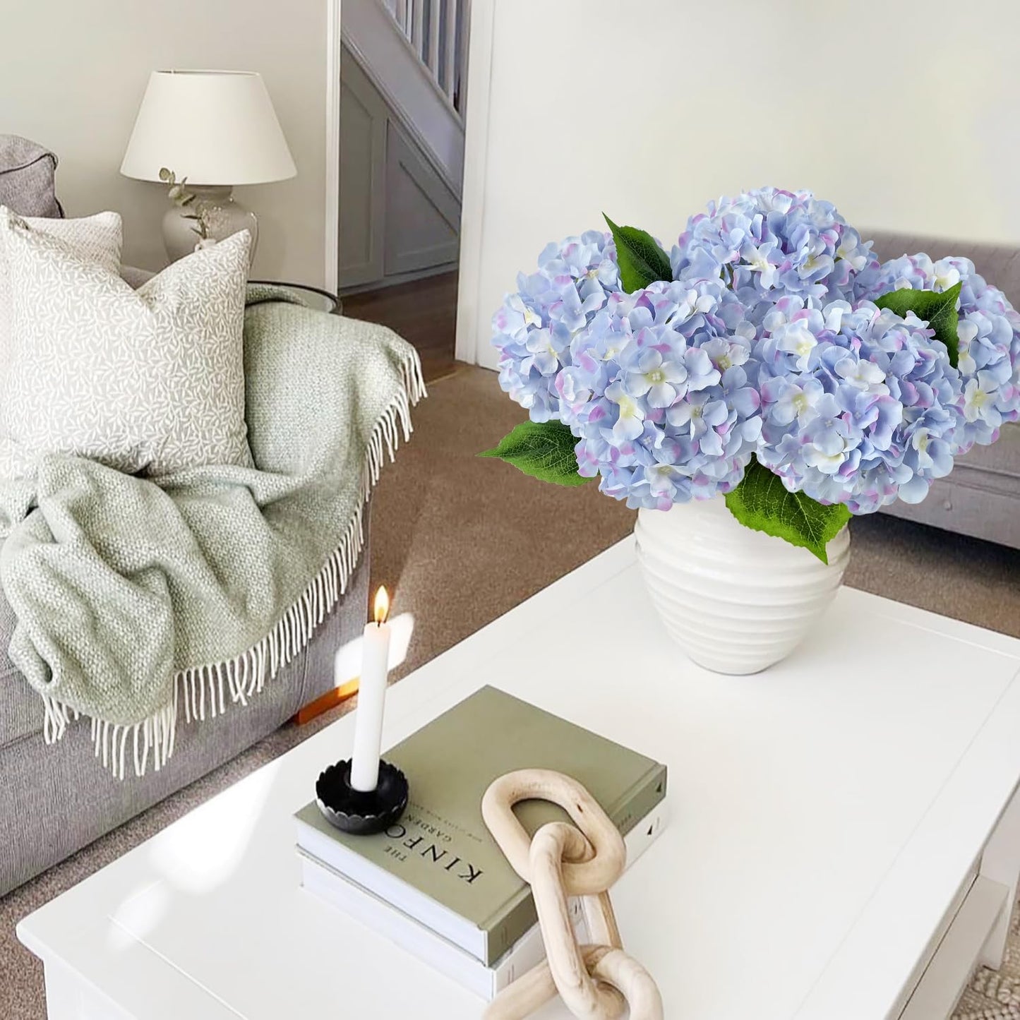 JINWOE Green Hydrangea Artificial Flowers, 5Pcs 20Inch Large Lifelike Faux Silk Flowers, Full Artificial Hydrangeas for Bouquet Table Centerpieces Indoor Spring Outdoor Home