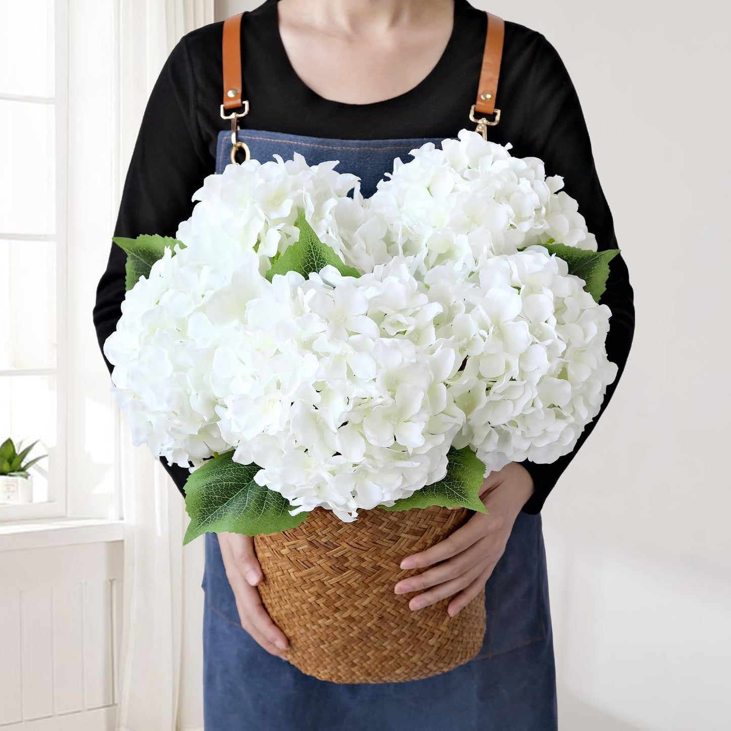 JINWOE Green Hydrangea Artificial Flowers, 5Pcs 20Inch Large Lifelike Faux Silk Flowers, Full Artificial Hydrangeas for Bouquet Table Centerpieces Indoor Spring Outdoor Home