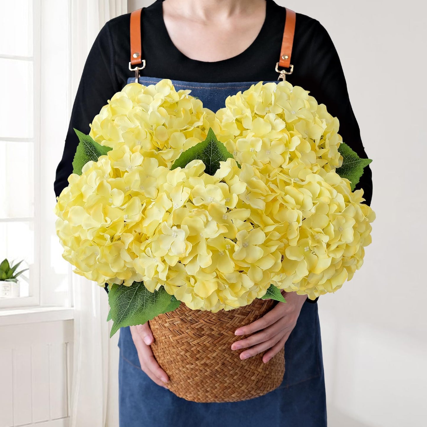 JINWOE Green Hydrangea Artificial Flowers, 5Pcs 20Inch Large Lifelike Faux Silk Flowers, Full Artificial Hydrangeas for Bouquet Table Centerpieces Indoor Spring Outdoor Home