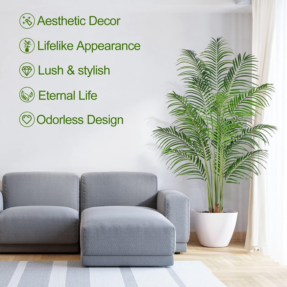 Artificial Palm Tree 6ft Tall Fake Palm Tree Indoor Decor with 18 Leaves and Real Bark Design Faux Tropical Areca Palm Silk Floor Plant in Pot for Home Office Living Room Bedroom Decor 1pcs