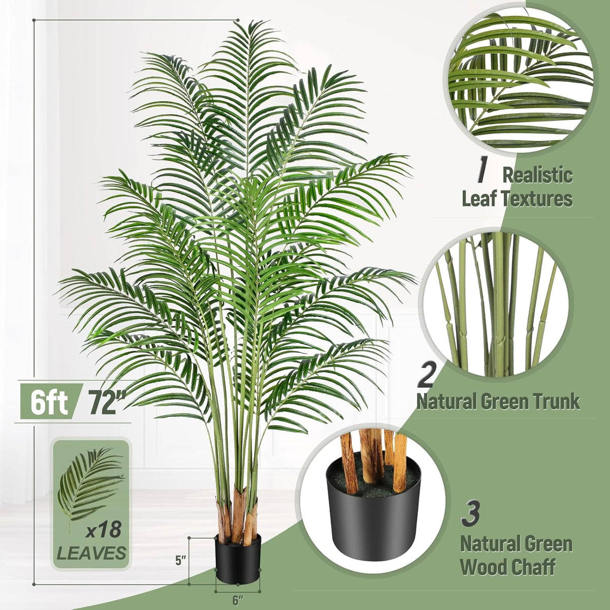 Artificial Palm Tree 6ft Tall Fake Palm Tree Indoor Decor with 18 Leaves and Real Bark Design Faux Tropical Areca Palm Silk Floor Plant in Pot for Home Office Living Room Bedroom Decor 1pcs