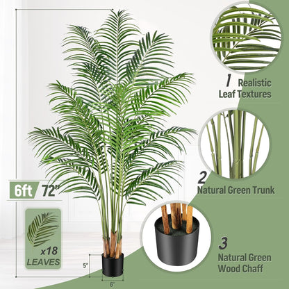 Artificial Palm Tree 6ft Tall Fake Palm Tree Indoor Decor with 18 Leaves and Real Bark Design Faux Tropical Areca Palm Silk Floor Plant in Pot for Home Office Living Room Bedroom Decor 1pcs