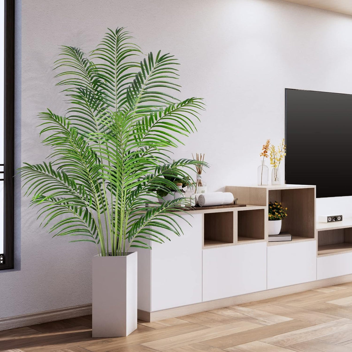 Artificial Palm Tree 6ft Tall Fake Palm Tree Indoor Decor with 18 Leaves and Real Bark Design Faux Tropical Areca Palm Silk Floor Plant in Pot for Home Office Living Room Bedroom Decor 1pcs