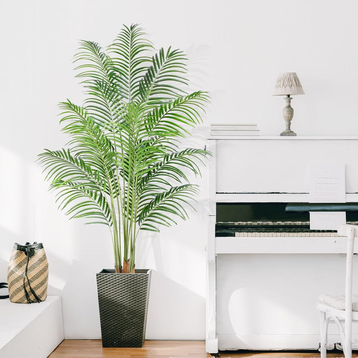 Artificial Palm Tree 6ft Tall Fake Palm Tree Indoor Decor with 18 Leaves and Real Bark Design Faux Tropical Areca Palm Silk Floor Plant in Pot for Home Office Living Room Bedroom Decor 1pcs