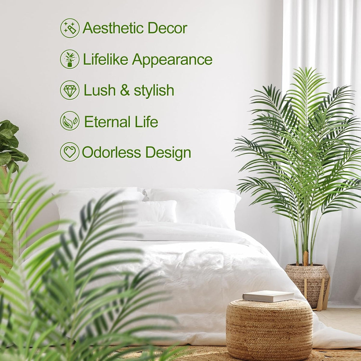 Artificial Palm Tree 6ft Tall Fake Palm Tree Indoor Decor with 18 Leaves and Real Bark Design Faux Tropical Areca Palm Silk Floor Plant in Pot for Home Office Living Room Bedroom Decor 1pcs