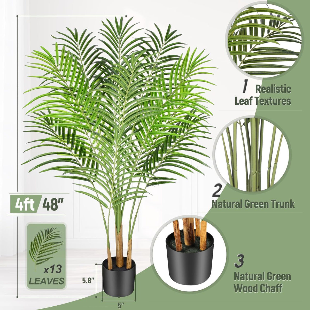 Artificial Palm Tree 6ft Tall Fake Palm Tree Indoor Decor with 18 Leaves and Real Bark Design Faux Tropical Areca Palm Silk Floor Plant in Pot for Home Office Living Room Bedroom Decor 1pcs