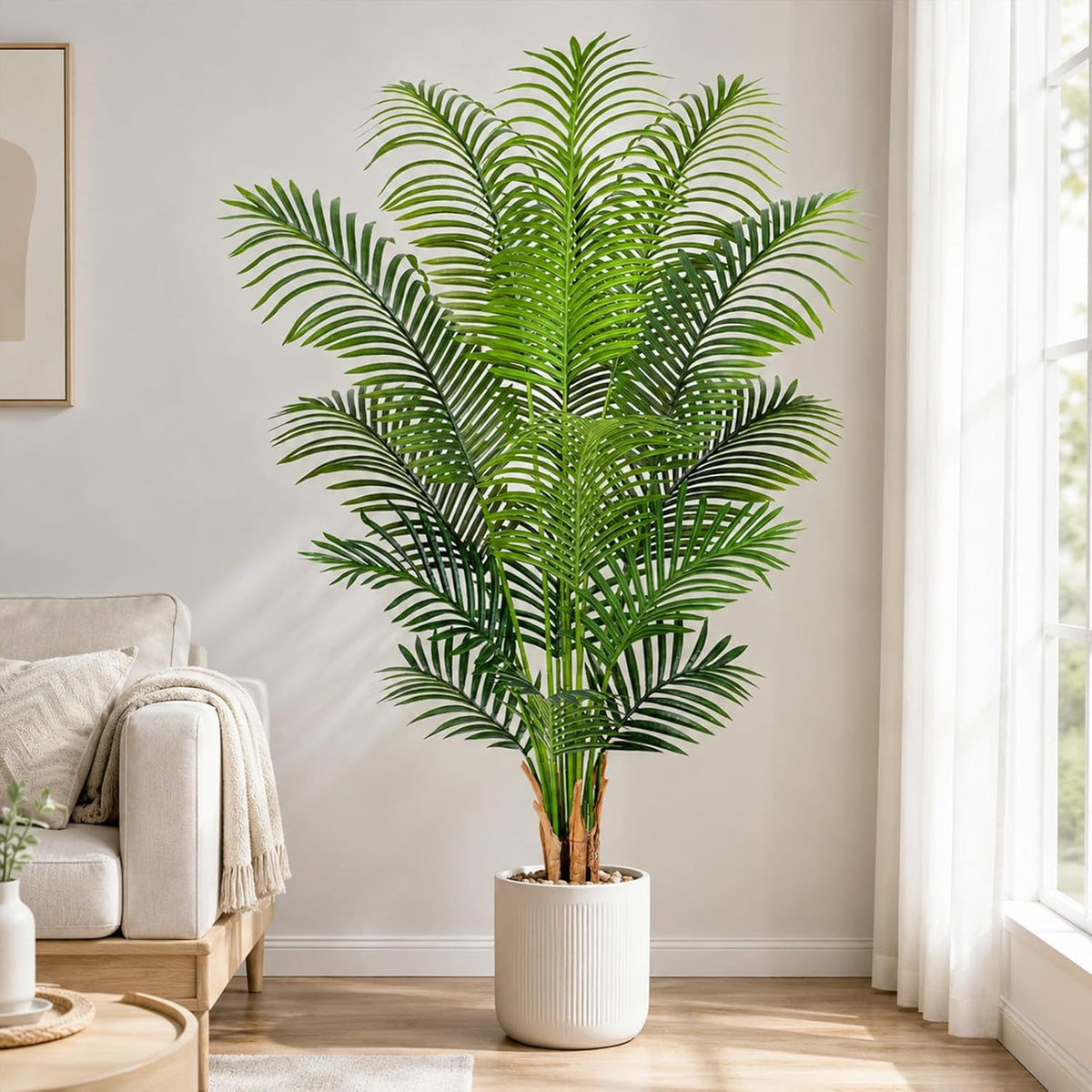 Artificial Palm Tree 6ft Tall Fake Palm Tree Indoor Decor with 18 Leaves and Real Bark Design Faux Tropical Areca Palm Silk Floor Plant in Pot for Home Office Living Room Bedroom Decor 1pcs