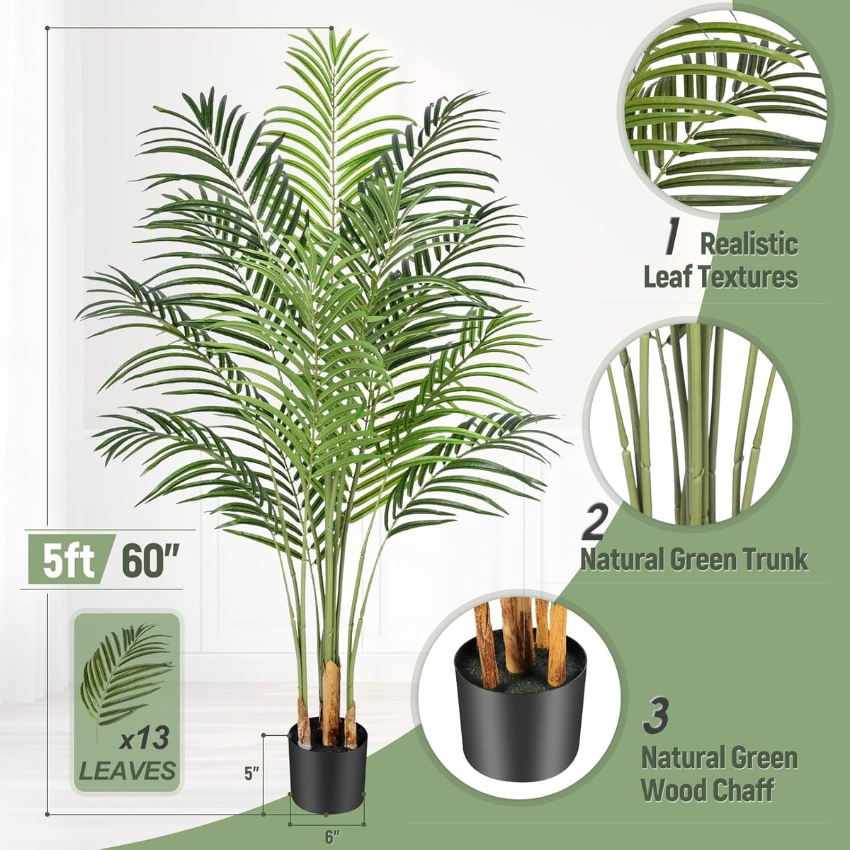 Artificial Palm Tree 6ft Tall Fake Palm Tree Indoor Decor with 18 Leaves and Real Bark Design Faux Tropical Areca Palm Silk Floor Plant in Pot for Home Office Living Room Bedroom Decor 1pcs