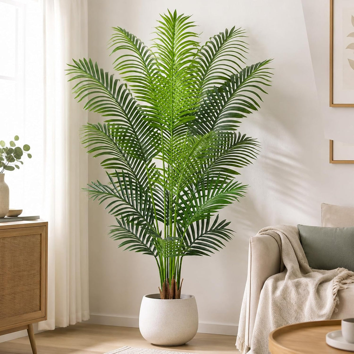 Artificial Palm Tree 6ft Tall Fake Palm Tree Indoor Decor with 18 Leaves and Real Bark Design Faux Tropical Areca Palm Silk Floor Plant in Pot for Home Office Living Room Bedroom Decor 1pcs