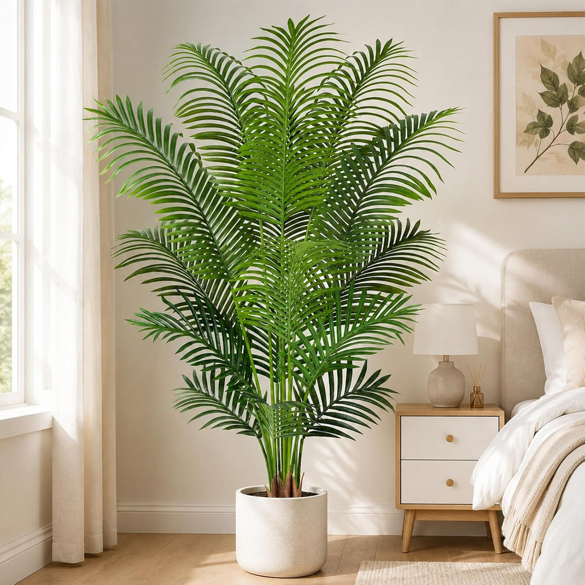 Artificial Palm Tree 6ft Tall Fake Palm Tree Indoor Decor with 18 Leaves and Real Bark Design Faux Tropical Areca Palm Silk Floor Plant in Pot for Home Office Living Room Bedroom Decor 1pcs