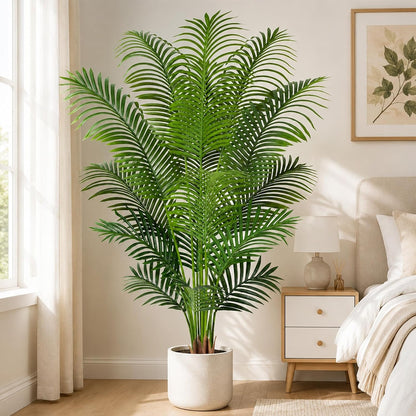 Artificial Palm Tree 6ft Tall Fake Palm Tree Indoor Decor with 18 Leaves and Real Bark Design Faux Tropical Areca Palm Silk Floor Plant in Pot for Home Office Living Room Bedroom Decor 1pcs