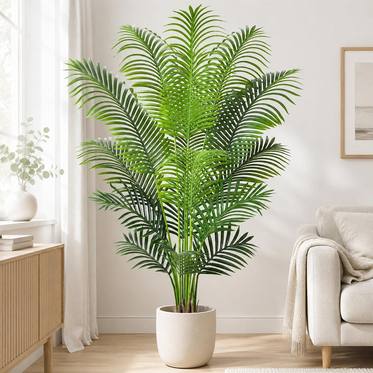 Artificial Palm Tree 6ft Tall Fake Palm Tree Indoor Decor with 18 Leaves and Real Bark Design Faux Tropical Areca Palm Silk Floor Plant in Pot for Home Office Living Room Bedroom Decor 1pcs