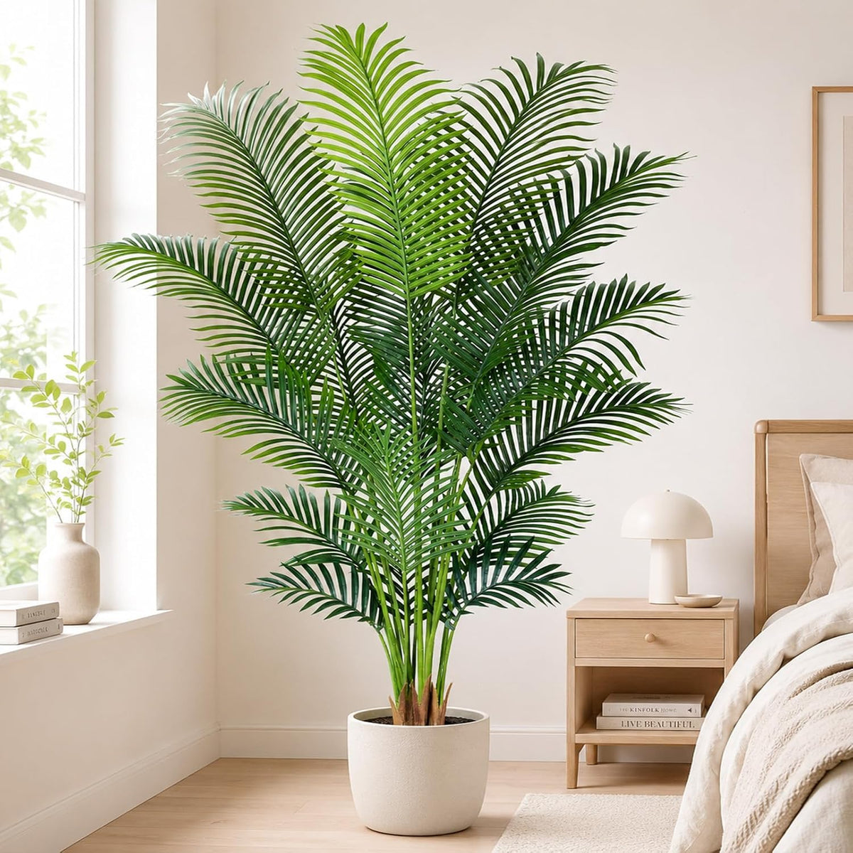 Artificial Palm Tree 6ft Tall Fake Palm Tree Indoor Decor with 18 Leaves and Real Bark Design Faux Tropical Areca Palm Silk Floor Plant in Pot for Home Office Living Room Bedroom Decor 1pcs