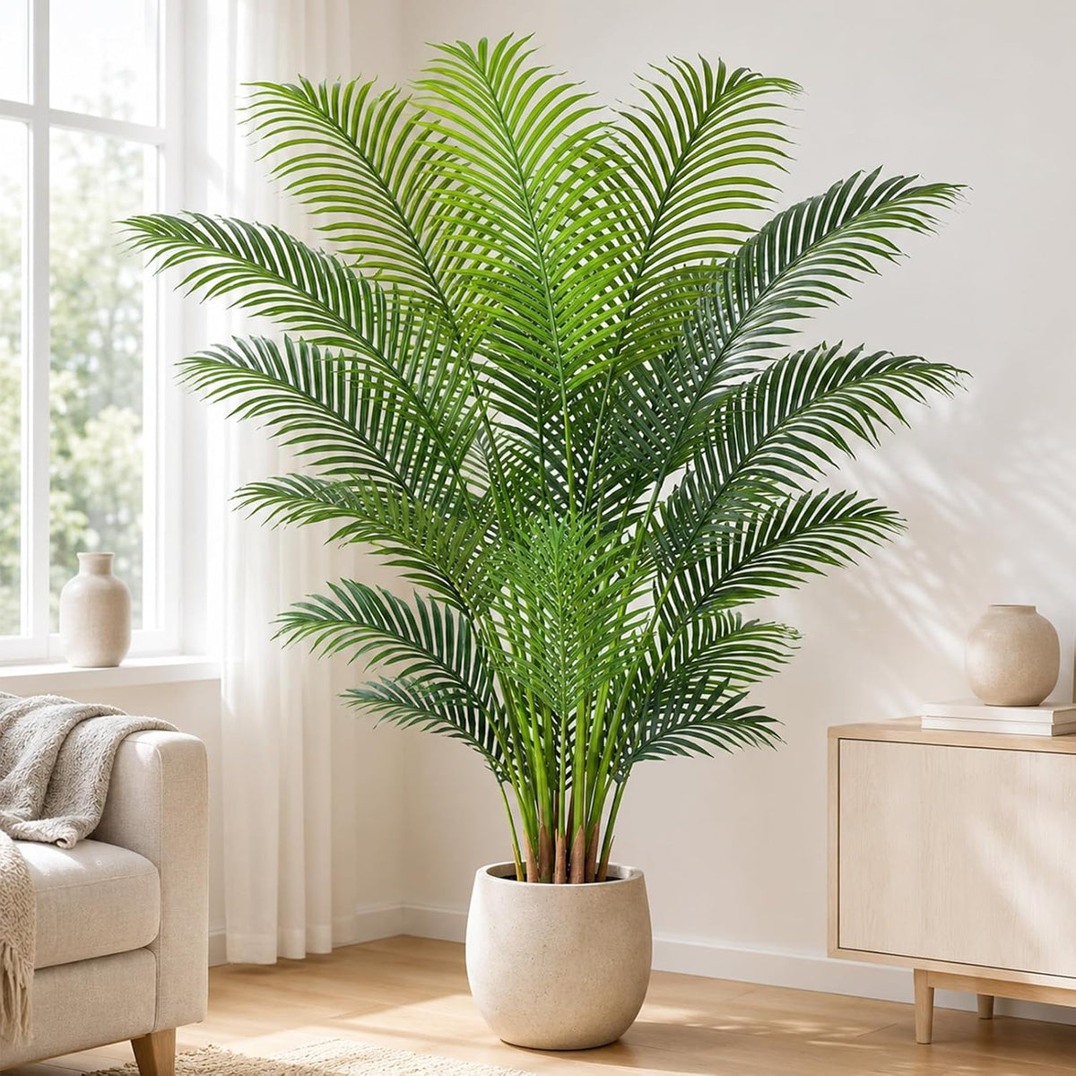 Artificial Palm Tree 6ft Tall Fake Palm Tree Indoor Decor with 18 Leaves and Real Bark Design Faux Tropical Areca Palm Silk Floor Plant in Pot for Home Office Living Room Bedroom Decor 1pcs