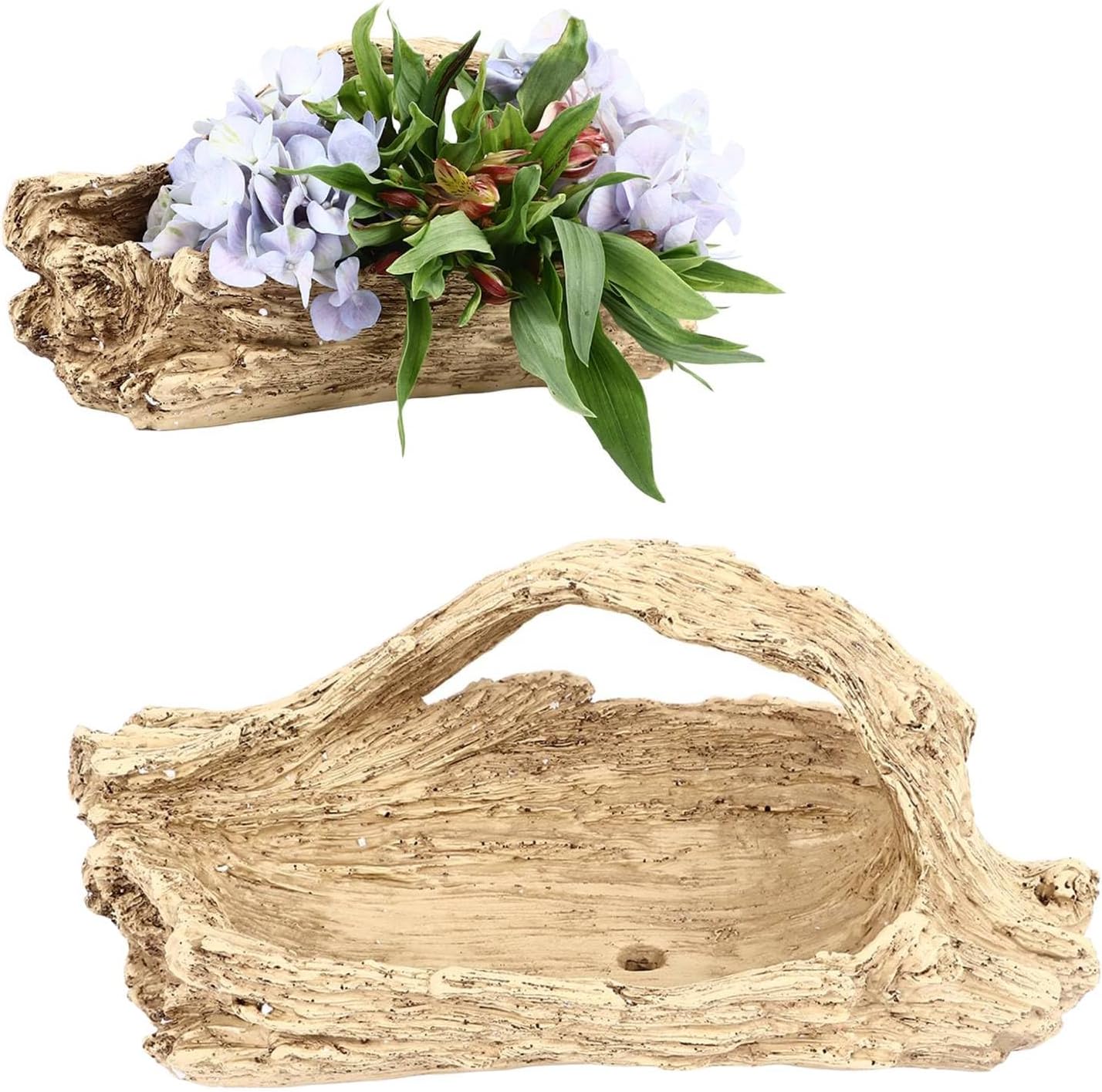 Driftwood Succulent Planter Artificial Faux Wood Stump, Resin Log Flower Arrangement for Windowsill Desktop Coffee Table Centerpiece with Drainage Hole