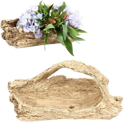 Driftwood Succulent Planter Artificial Faux Wood Stump, Resin Log Flower Arrangement for Windowsill Desktop Coffee Table Centerpiece with Drainage Hole