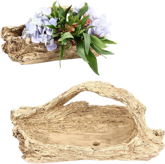 Driftwood Succulent Planter Artificial Faux Wood Stump, Resin Log Flower Arrangement for Windowsill Desktop Coffee Table Centerpiece with Drainage Hole