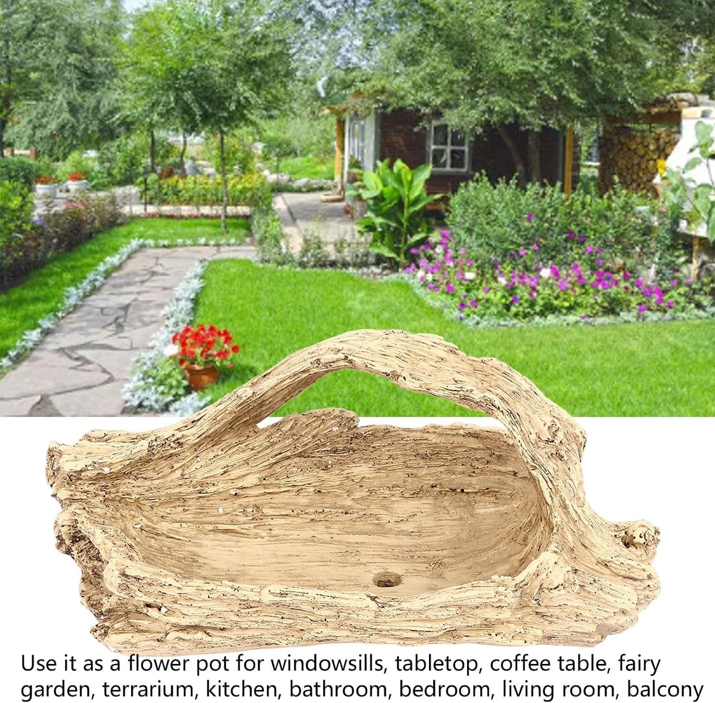 Driftwood Succulent Planter Artificial Faux Wood Stump, Resin Log Flower Arrangement for Windowsill Desktop Coffee Table Centerpiece with Drainage Hole