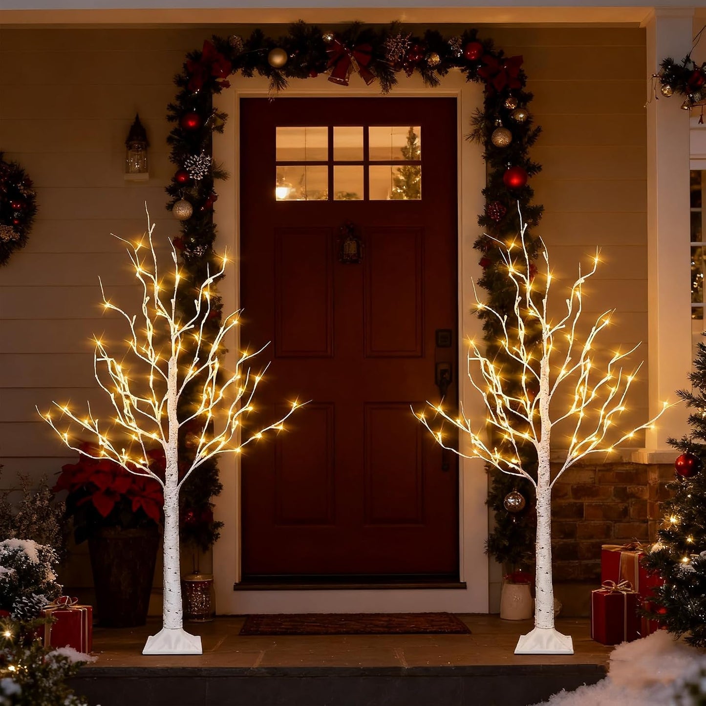 2 Pack Lighted Birch Tree, 4 FT Total 96 LED Pre-lit Artificial Christmas Tree with Timer, Christmas Decorations Indoor Outdoor for Home Garden Party Thanksgiving Decor, Warm White