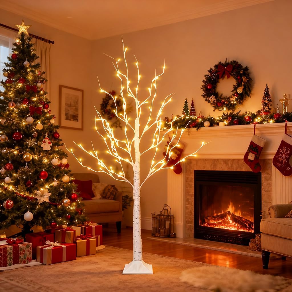 2 Pack Lighted Birch Tree, 4 FT Total 96 LED Pre-lit Artificial Christmas Tree with Timer, Christmas Decorations Indoor Outdoor for Home Garden Party Thanksgiving Decor, Warm White