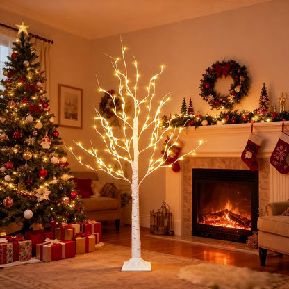 2 Pack Lighted Birch Tree, 4 FT Total 96 LED Pre-lit Artificial Christmas Tree with Timer, Christmas Decorations Indoor Outdoor for Home Garden Party Thanksgiving Decor, Warm White
