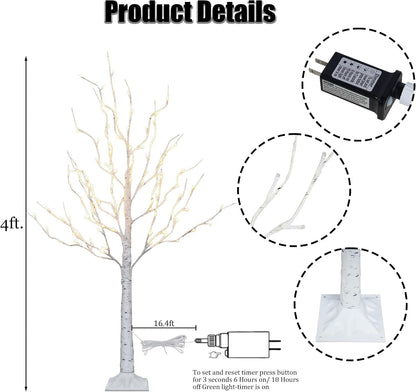 2 Pack Lighted Birch Tree, 4 FT Total 96 LED Pre-lit Artificial Christmas Tree with Timer, Christmas Decorations Indoor Outdoor for Home Garden Party Thanksgiving Decor, Warm White