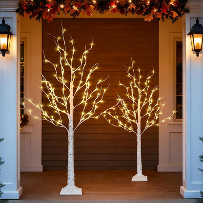 2 Pack Lighted Birch Tree, 4 FT Total 96 LED Pre-lit Artificial Christmas Tree with Timer, Christmas Decorations Indoor Outdoor for Home Garden Party Thanksgiving Decor, Warm White