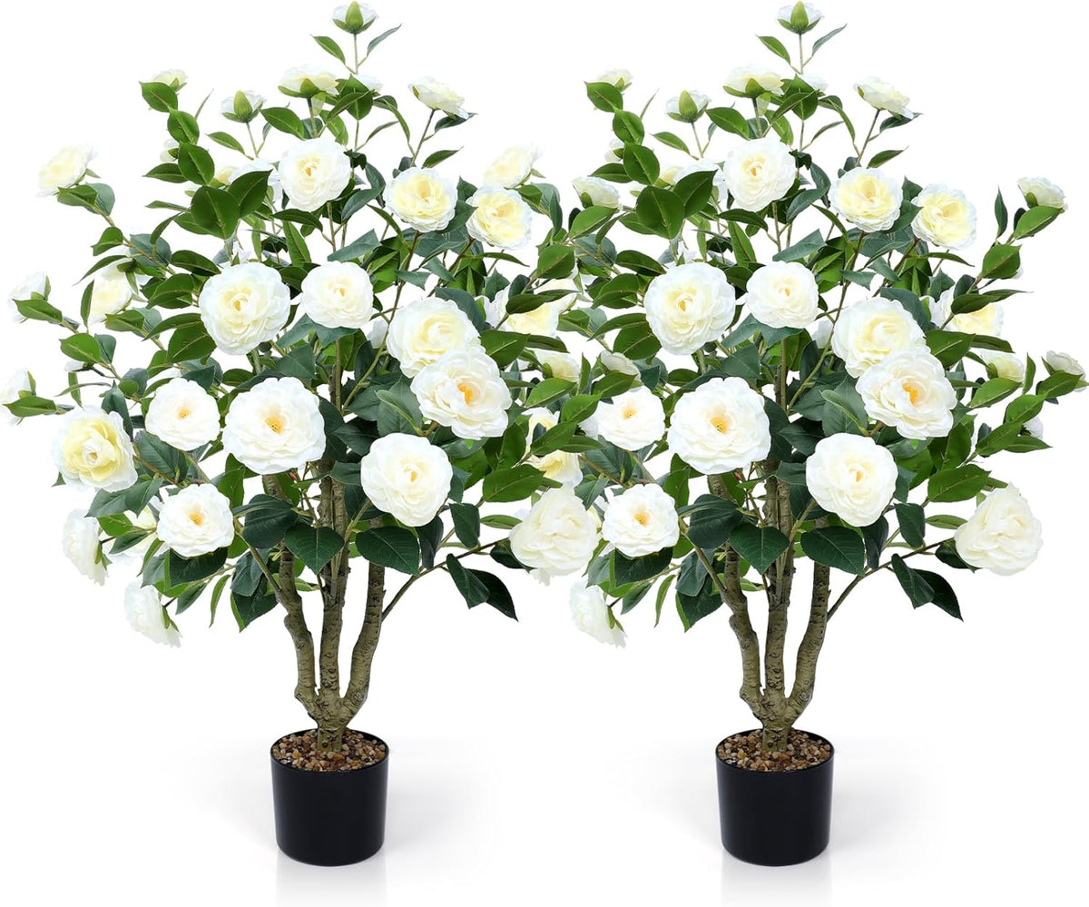 Faux Hydrangea Tree 3ft Set of 2 with White Flowers in Pot | Realistic White Hydrangea Blooms,UV Resistant,Potted Flower Tree with Moss,Low Maintenance,for Indoor Outdoor Porch Decor