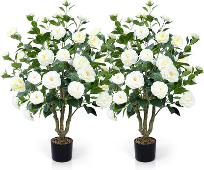 Faux Hydrangea Tree 3ft Set of 2 with White Flowers in Pot | Realistic White Hydrangea Blooms,UV Resistant,Potted Flower Tree with Moss,Low Maintenance,for Indoor Outdoor Porch Decor