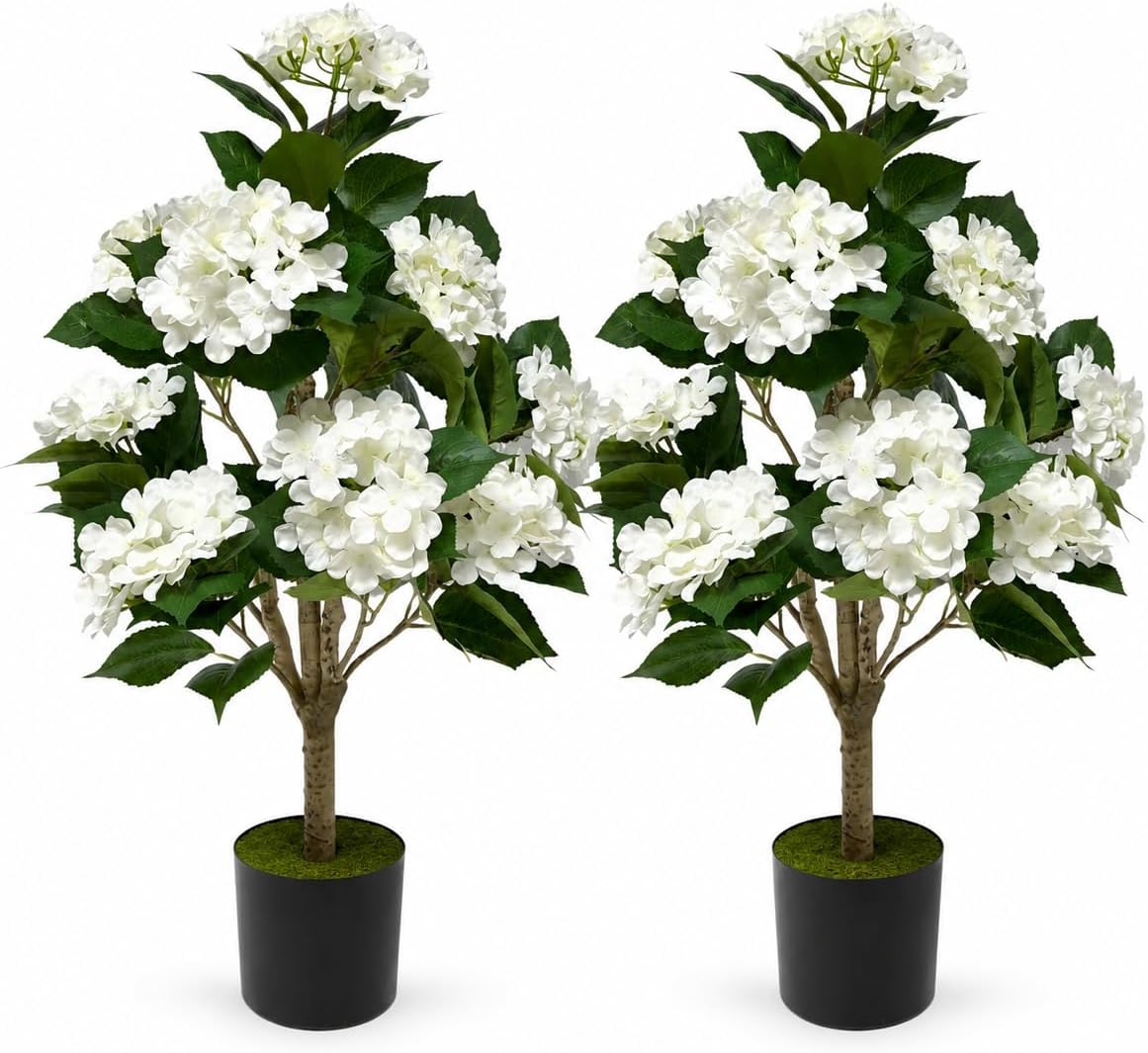 Faux Hydrangea Tree 3ft Set of 2 with White Flowers in Pot | Realistic White Hydrangea Blooms,UV Resistant,Potted Flower Tree with Moss,Low Maintenance,for Indoor Outdoor Porch Decor