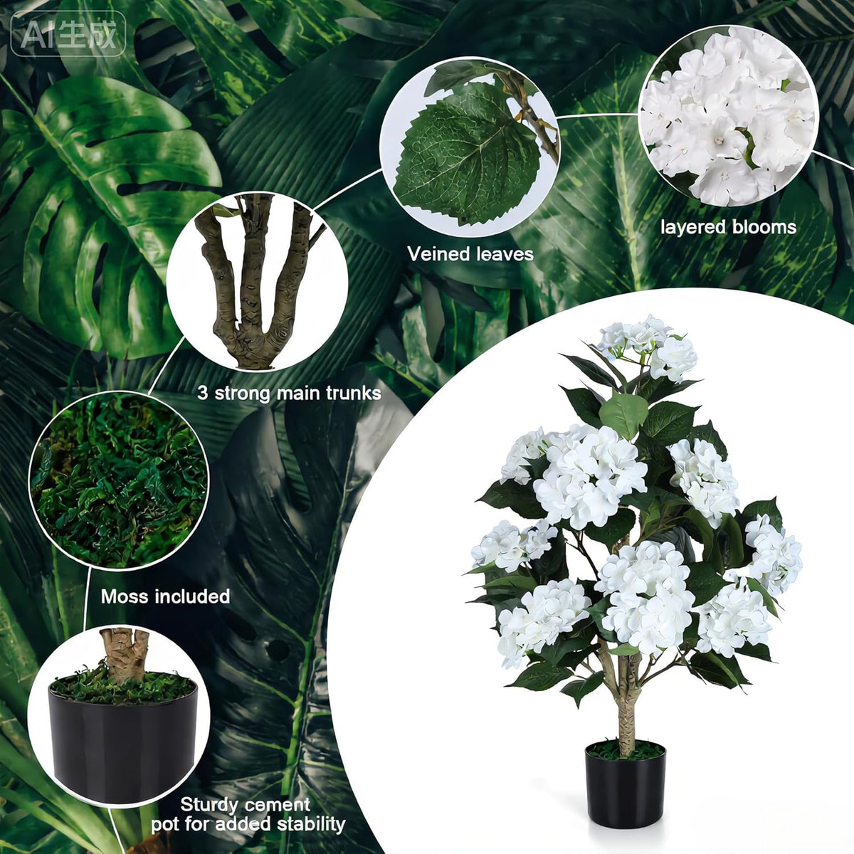 Faux Hydrangea Tree 3ft Set of 2 with White Flowers in Pot | Realistic White Hydrangea Blooms,UV Resistant,Potted Flower Tree with Moss,Low Maintenance,for Indoor Outdoor Porch Decor