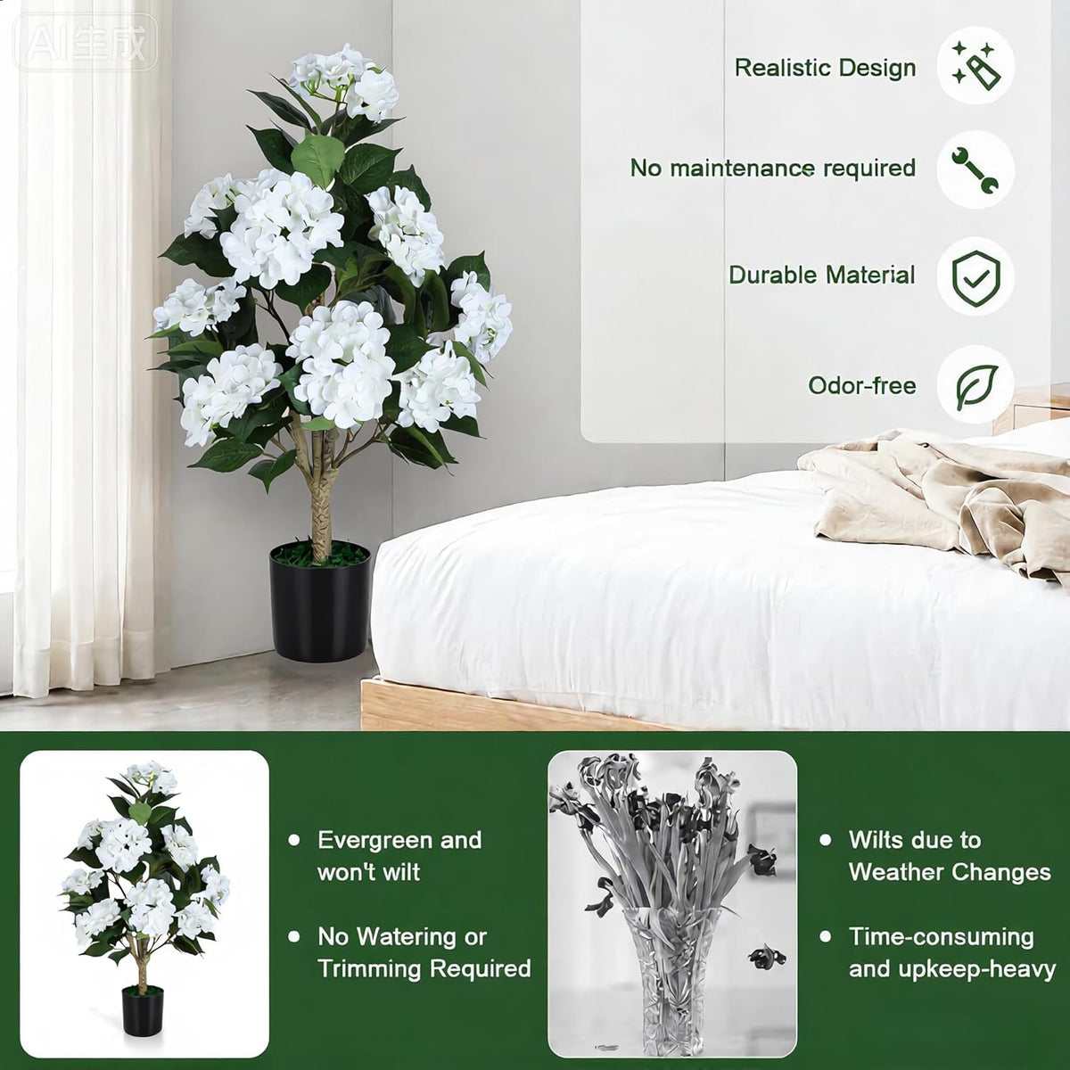 Faux Hydrangea Tree 3ft Set of 2 with White Flowers in Pot | Realistic White Hydrangea Blooms,UV Resistant,Potted Flower Tree with Moss,Low Maintenance,for Indoor Outdoor Porch Decor