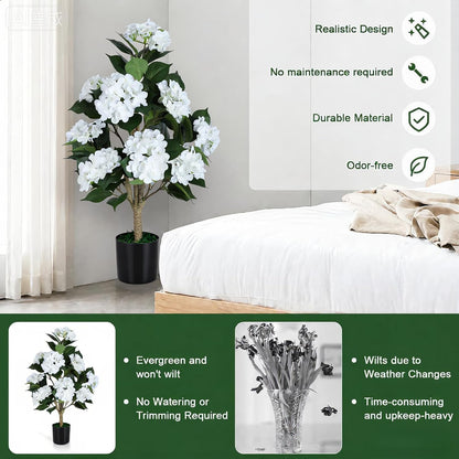 Faux Hydrangea Tree 3ft Set of 2 with White Flowers in Pot | Realistic White Hydrangea Blooms,UV Resistant,Potted Flower Tree with Moss,Low Maintenance,for Indoor Outdoor Porch Decor