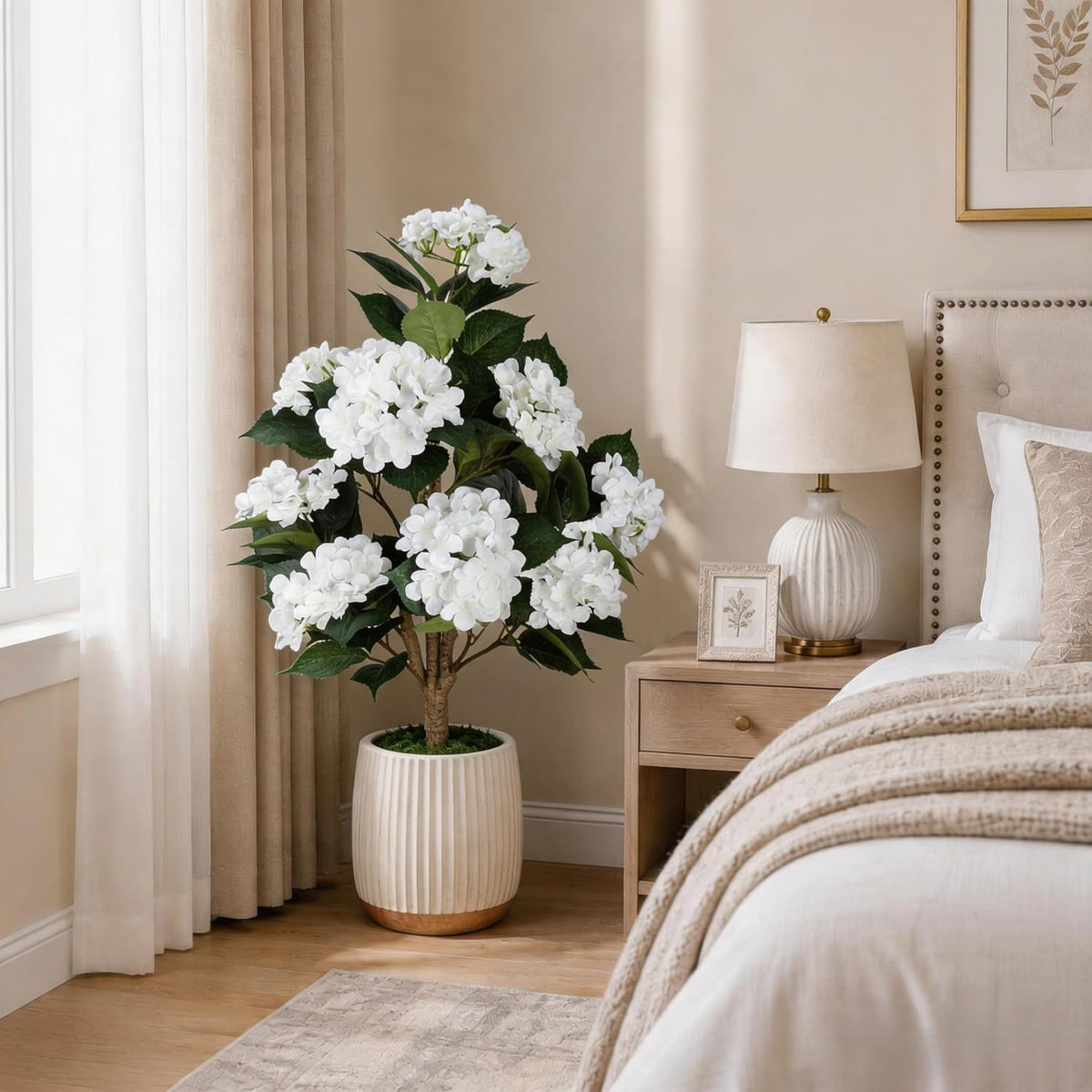 Faux Hydrangea Tree 3ft Set of 2 with White Flowers in Pot | Realistic White Hydrangea Blooms,UV Resistant,Potted Flower Tree with Moss,Low Maintenance,for Indoor Outdoor Porch Decor