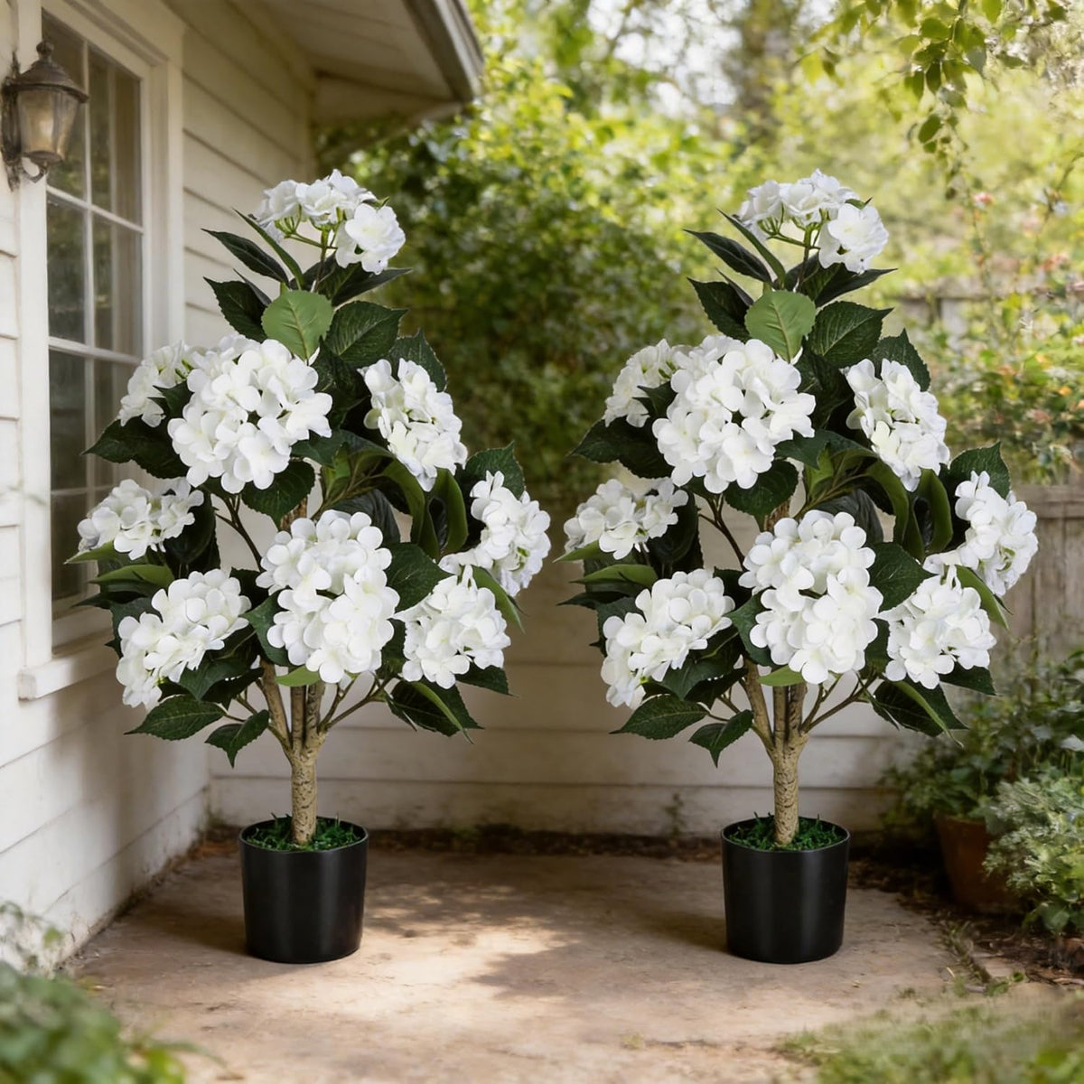 Faux Hydrangea Tree 3ft Set of 2 with White Flowers in Pot | Realistic White Hydrangea Blooms,UV Resistant,Potted Flower Tree with Moss,Low Maintenance,for Indoor Outdoor Porch Decor
