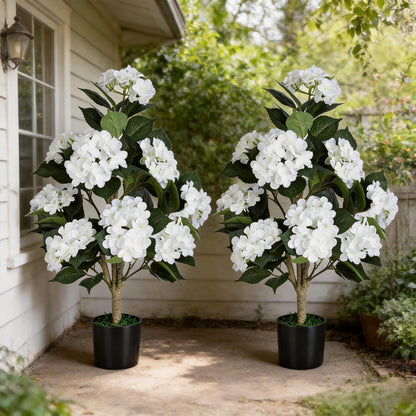 Faux Hydrangea Tree 3ft Set of 2 with White Flowers in Pot | Realistic White Hydrangea Blooms,UV Resistant,Potted Flower Tree with Moss,Low Maintenance,for Indoor Outdoor Porch Decor