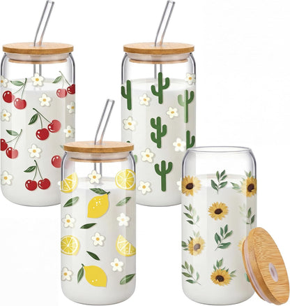 Cute Glass Cup Set of 4, 16 oz Iced Coffee Cups with Bamboo Lids Straws and Brush, Cherry Lemon Cactus Sunflower Floral Design, Gift for Women Girls Friend Bridesmaid Birthday Wedding