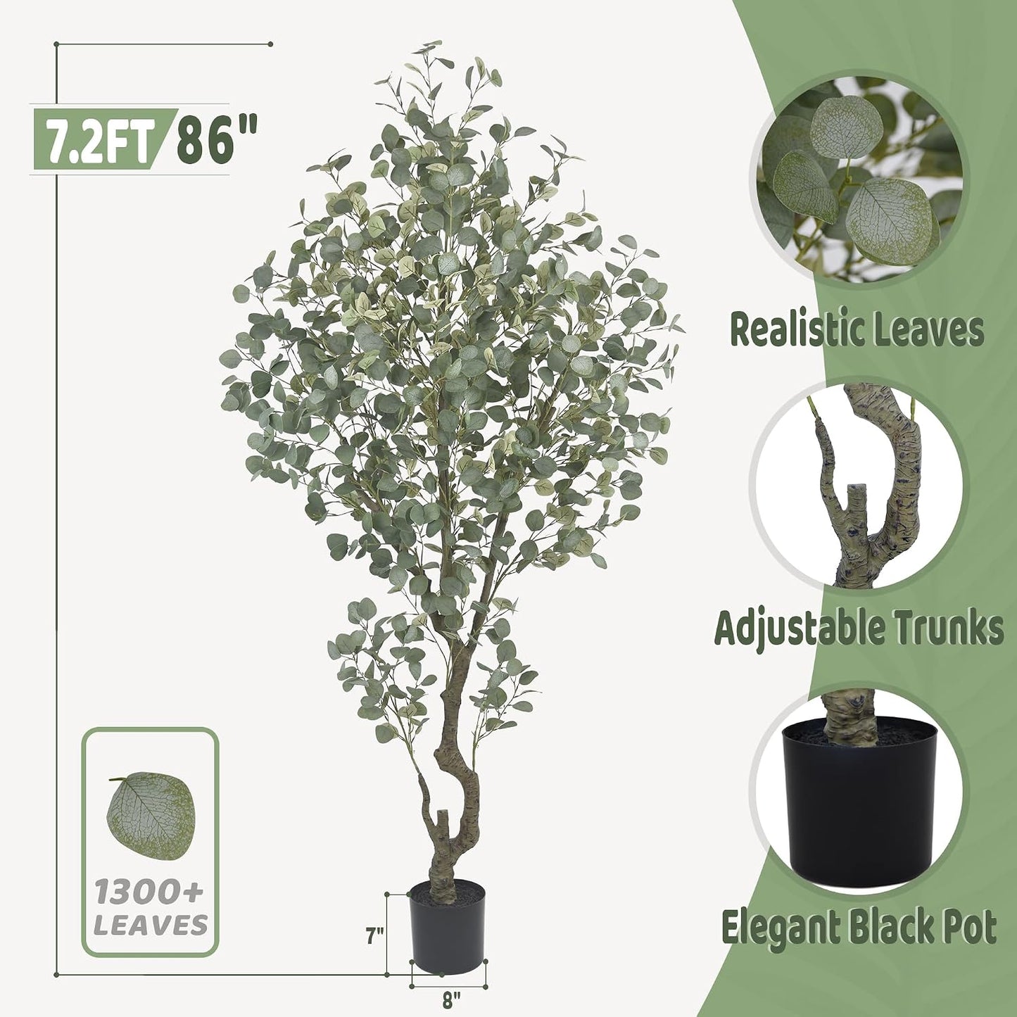 Artificial Eucalyptus Tree 7.2FT with 1300 Leaves Realistic Tall Large Fake Faux Plant 86 Inch Black Pot for Indoor Home Office Porch Mall Hotel Restaurant School Decor Housewarming Gifts