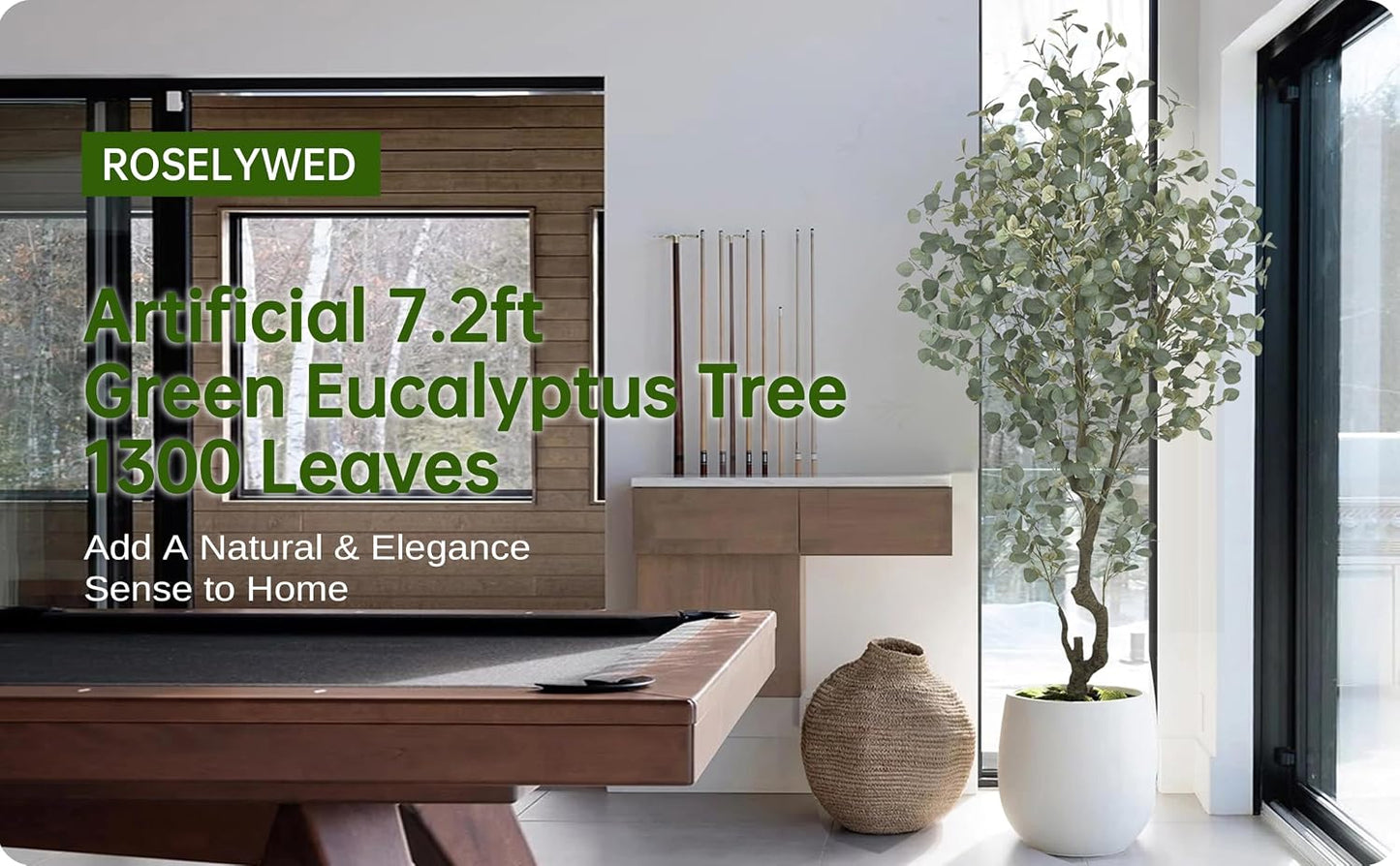 Artificial Eucalyptus Tree 7.2FT with 1300 Leaves Realistic Tall Large Fake Faux Plant 86 Inch Black Pot for Indoor Home Office Porch Mall Hotel Restaurant School Decor Housewarming Gifts