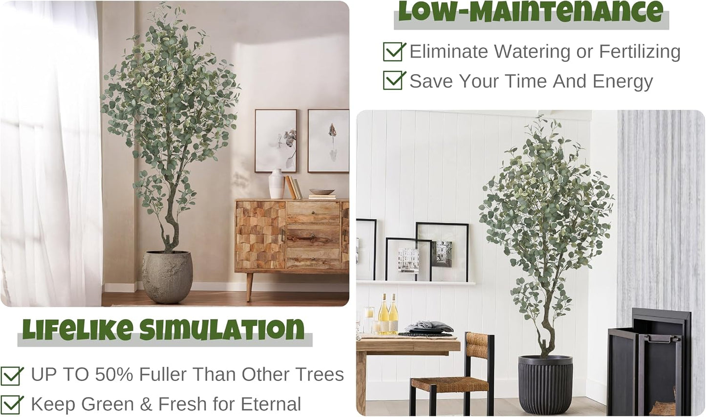 Artificial Eucalyptus Tree 7.2FT with 1300 Leaves Realistic Tall Large Fake Faux Plant 86 Inch Black Pot for Indoor Home Office Porch Mall Hotel Restaurant School Decor Housewarming Gifts
