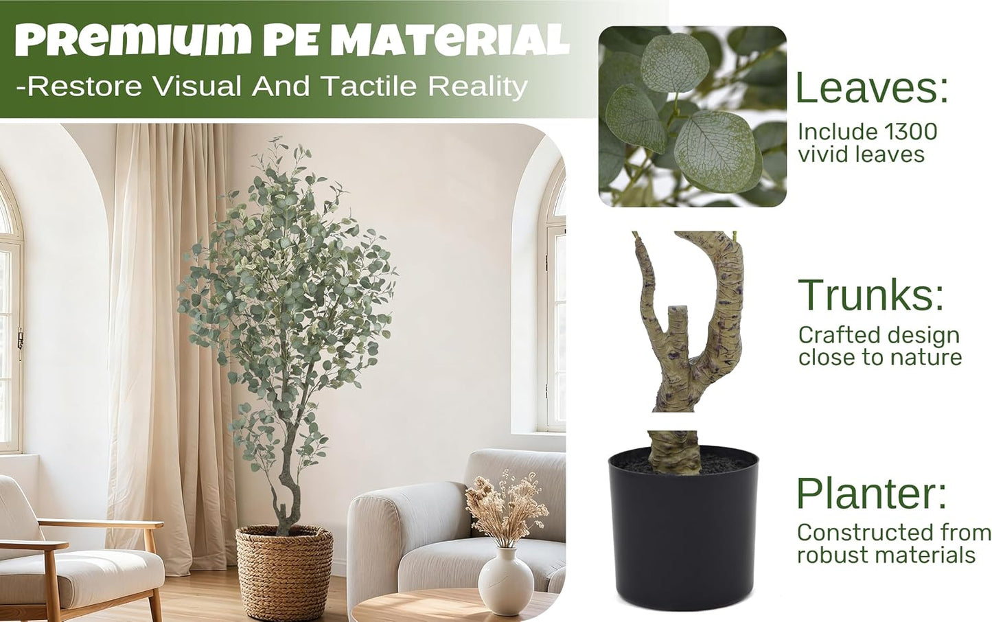 Artificial Eucalyptus Tree 7.2FT with 1300 Leaves Realistic Tall Large Fake Faux Plant 86 Inch Black Pot for Indoor Home Office Porch Mall Hotel Restaurant School Decor Housewarming Gifts