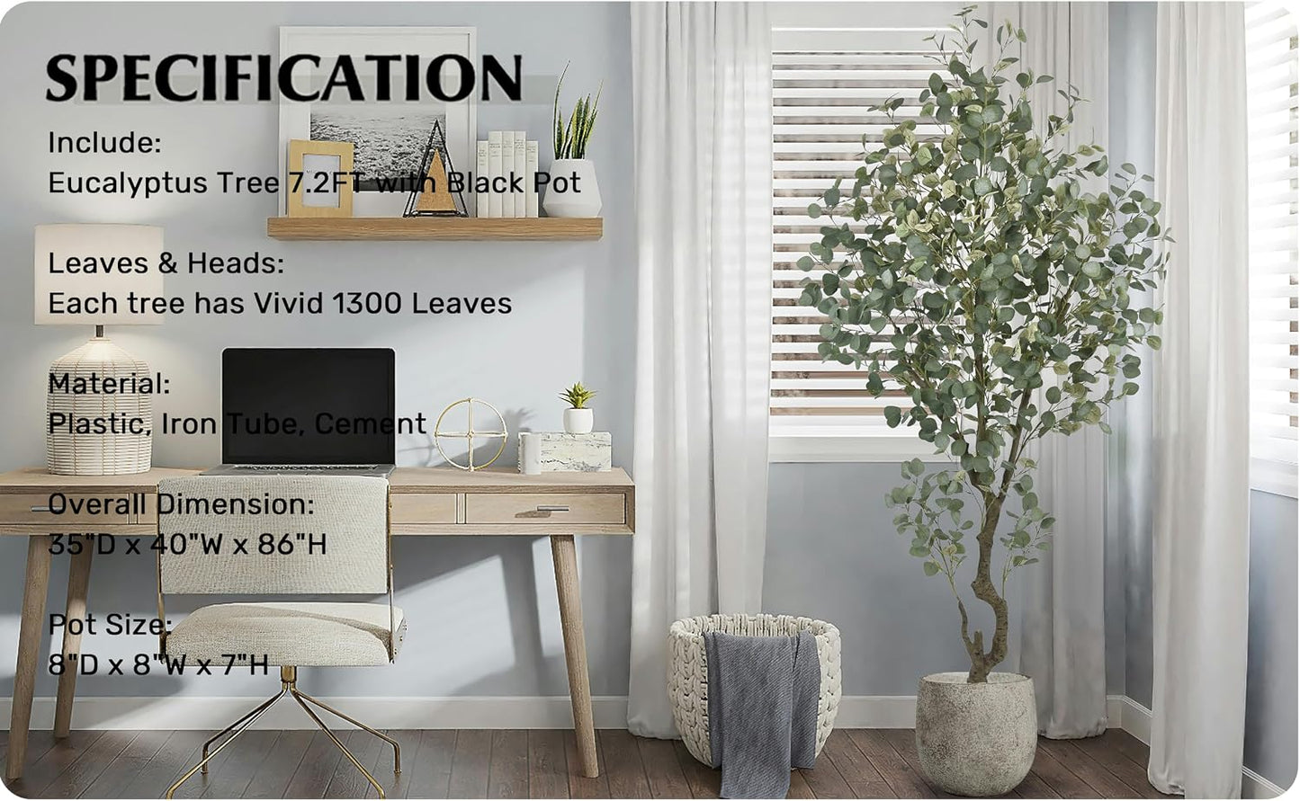 Artificial Eucalyptus Tree 7.2FT with 1300 Leaves Realistic Tall Large Fake Faux Plant 86 Inch Black Pot for Indoor Home Office Porch Mall Hotel Restaurant School Decor Housewarming Gifts