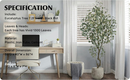 Artificial Eucalyptus Tree 7.2FT with 1300 Leaves Realistic Tall Large Fake Faux Plant 86 Inch Black Pot for Indoor Home Office Porch Mall Hotel Restaurant School Decor Housewarming Gifts