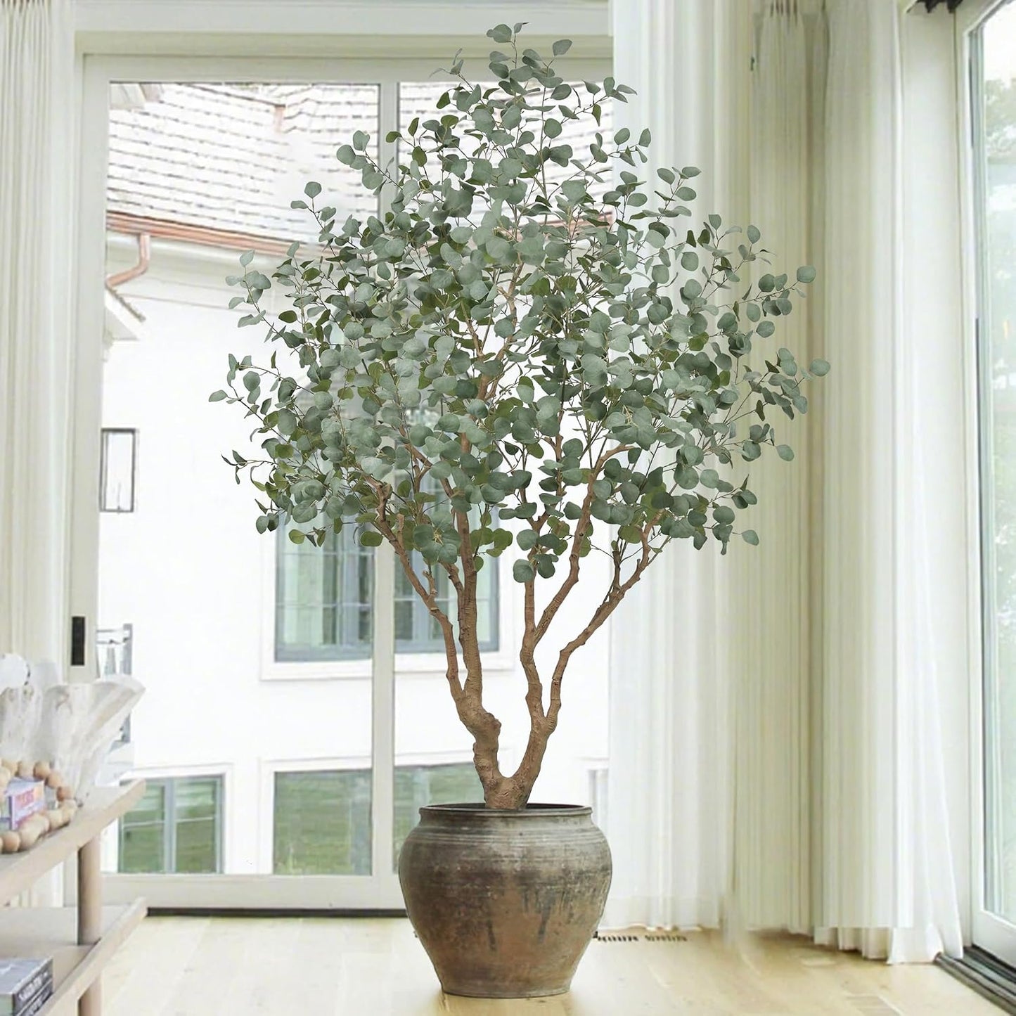 Artificial Eucalyptus Tree 7.2FT with 1300 Leaves Realistic Tall Large Fake Faux Plant 86 Inch Black Pot for Indoor Home Office Porch Mall Hotel Restaurant School Decor Housewarming Gifts