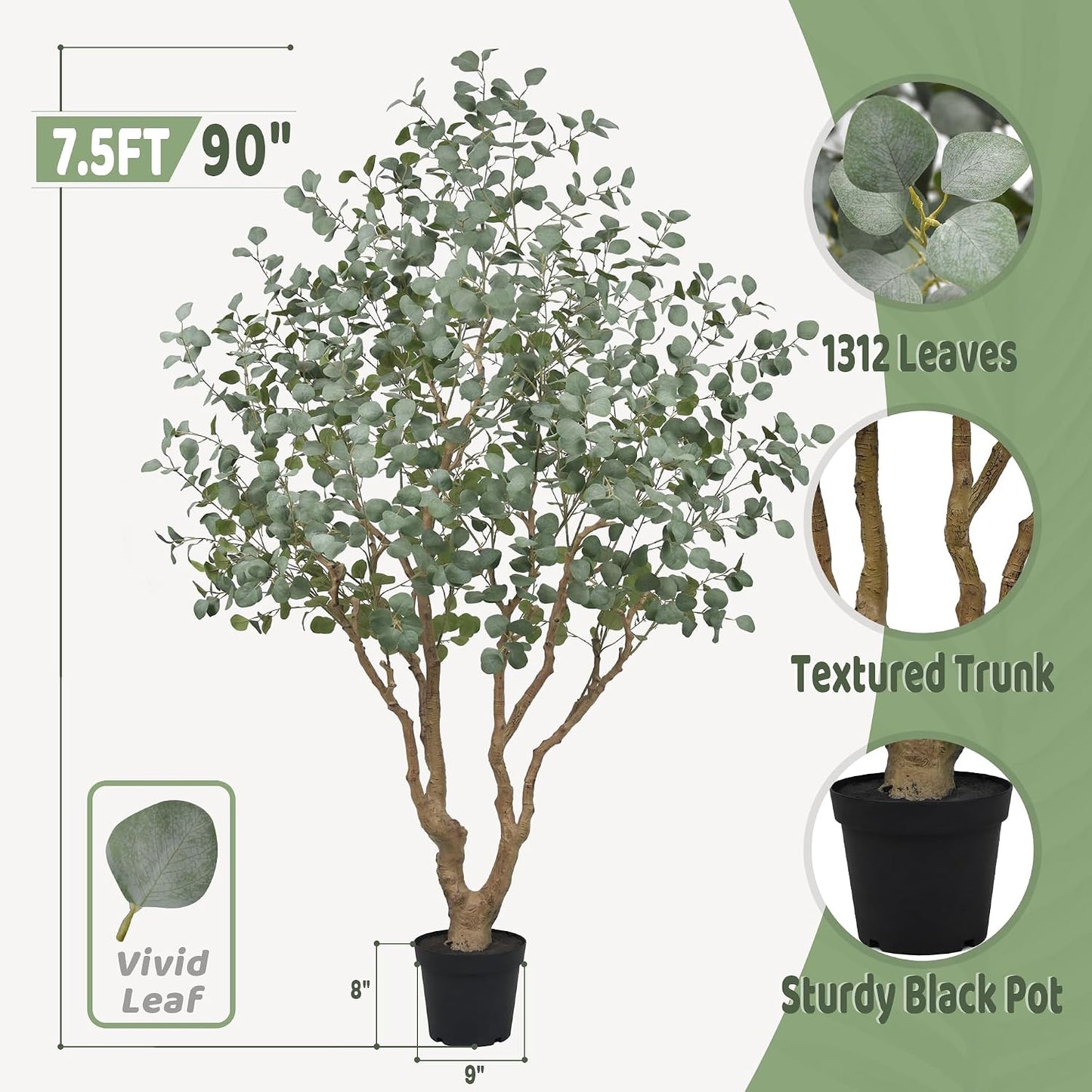 Artificial Eucalyptus Tree 7.2FT with 1300 Leaves Realistic Tall Large Fake Faux Plant 86 Inch Black Pot for Indoor Home Office Porch Mall Hotel Restaurant School Decor Housewarming Gifts