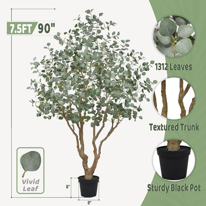 Artificial Eucalyptus Tree 7.2FT with 1300 Leaves Realistic Tall Large Fake Faux Plant 86 Inch Black Pot for Indoor Home Office Porch Mall Hotel Restaurant School Decor Housewarming Gifts