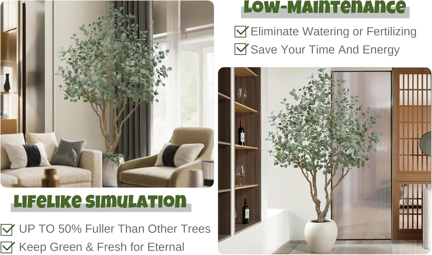 Artificial Eucalyptus Tree 7.2FT with 1300 Leaves Realistic Tall Large Fake Faux Plant 86 Inch Black Pot for Indoor Home Office Porch Mall Hotel Restaurant School Decor Housewarming Gifts