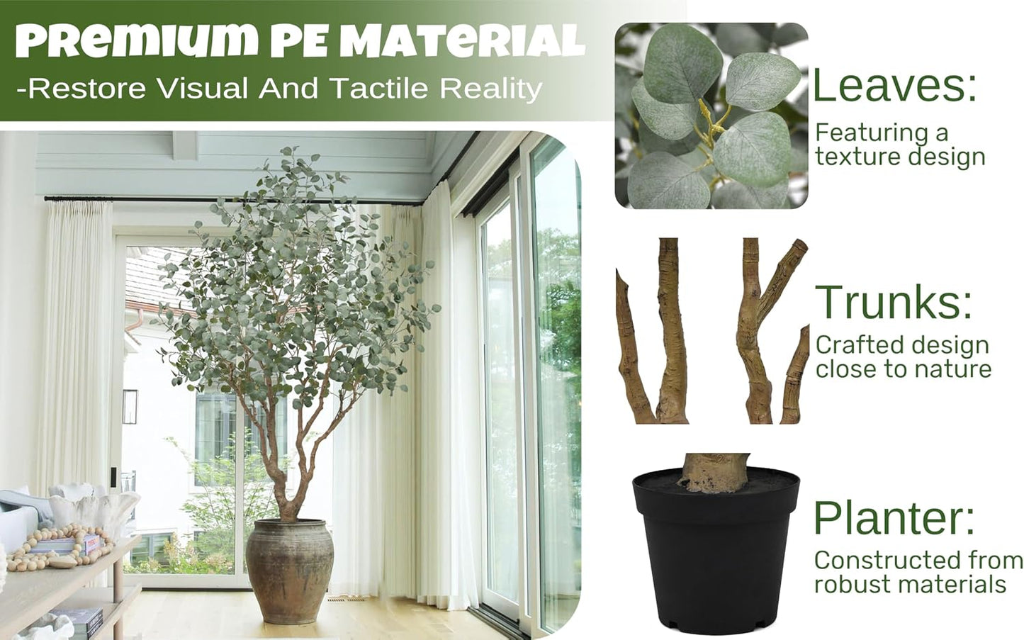 Artificial Eucalyptus Tree 7.2FT with 1300 Leaves Realistic Tall Large Fake Faux Plant 86 Inch Black Pot for Indoor Home Office Porch Mall Hotel Restaurant School Decor Housewarming Gifts