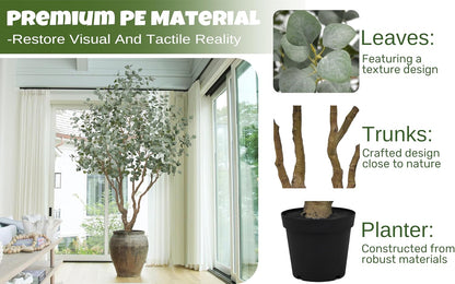 Artificial Eucalyptus Tree 7.2FT with 1300 Leaves Realistic Tall Large Fake Faux Plant 86 Inch Black Pot for Indoor Home Office Porch Mall Hotel Restaurant School Decor Housewarming Gifts